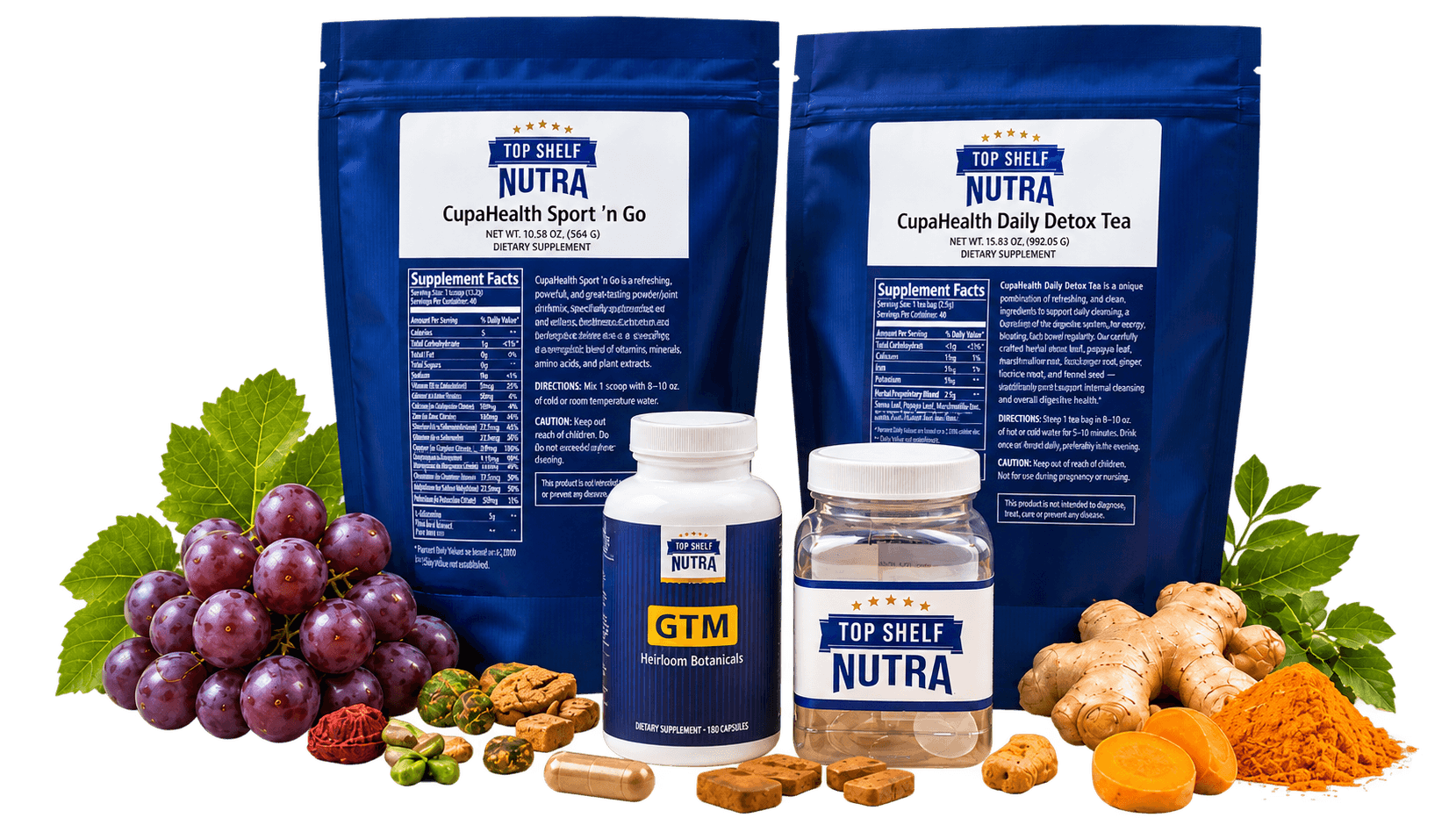 PHOTO — Daily Health Pack composition: SportnGo + Daily Detox Tea pouches with GTM bottle between them (authentic product photography)